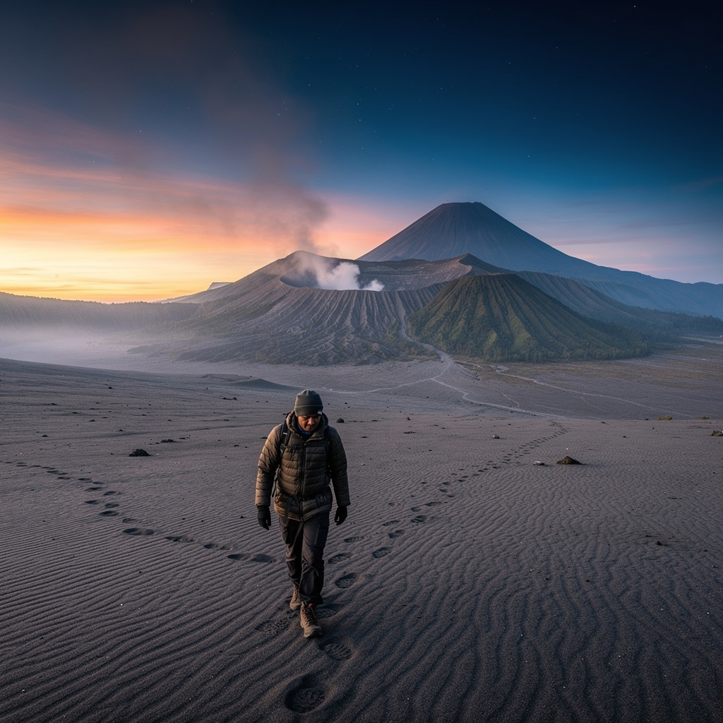 Pendaki di lautan pasir Bromo dengan latar belakang kawah yang berasap