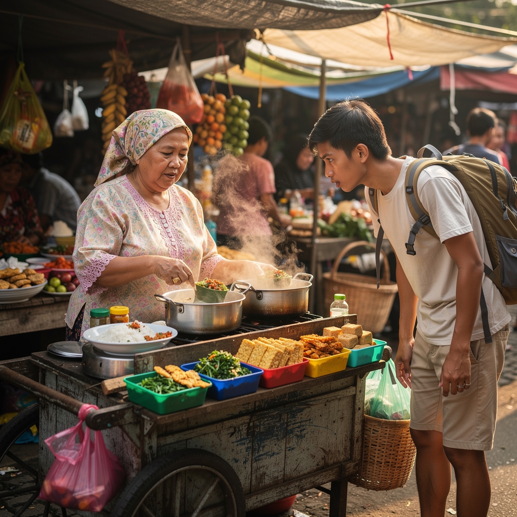 Suasana pasar kuliner tradisional Indonesia yang ramai