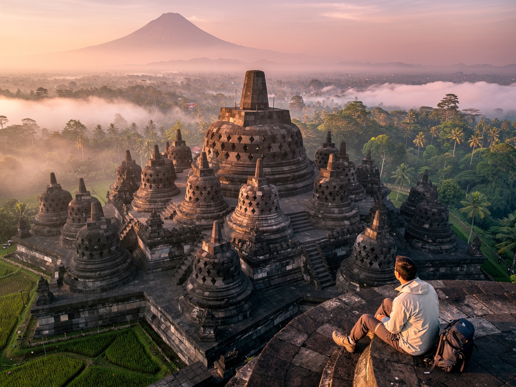 Pemandangan candi dan sawah di Jawa Tengah