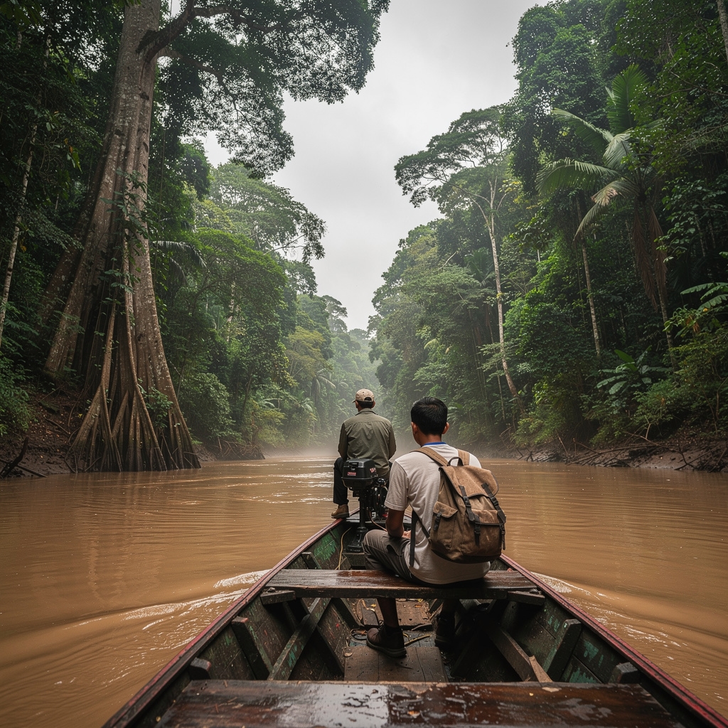 Perahu klotok di sungai Kalimantan dengan hutan lebat di tepi sungai